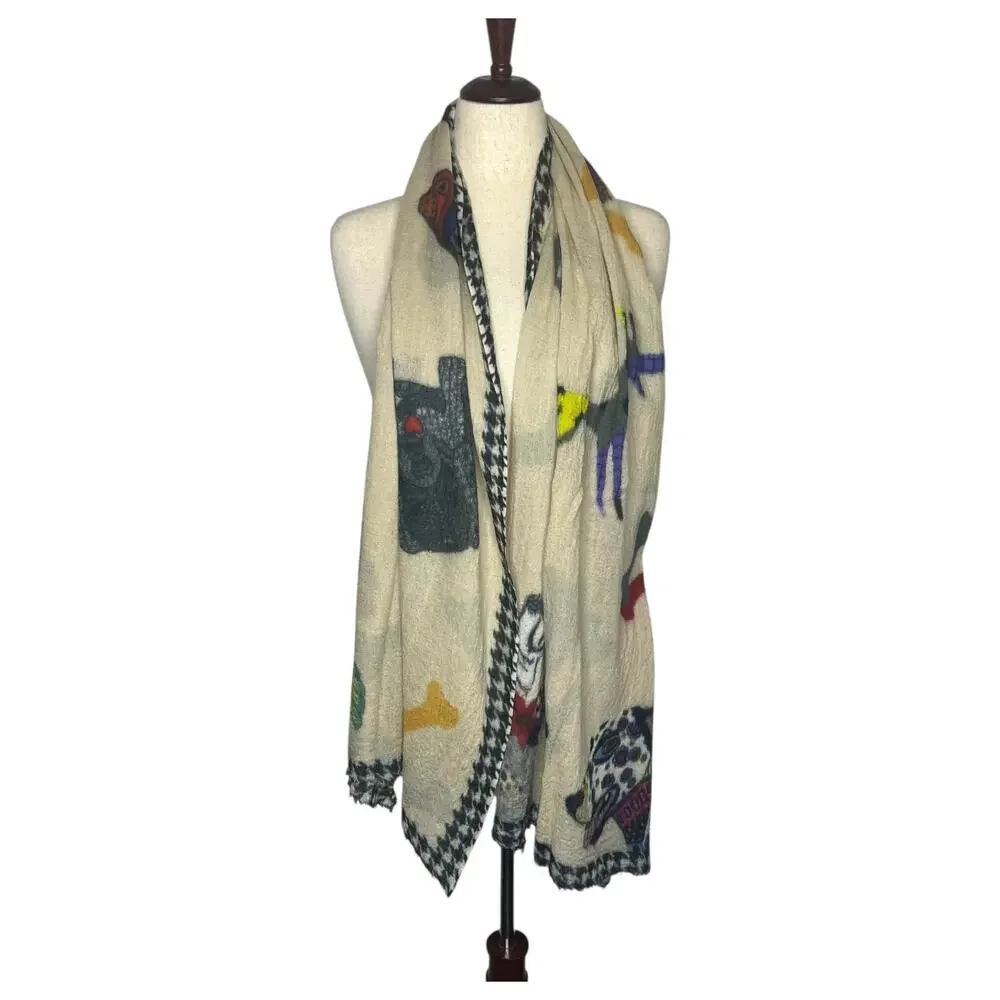 Olive & Cocoa Scarf Must Love Dogs Houndstooth Cream Lightweight Cashmere Silk